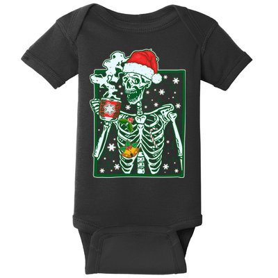 Funny Christmas Skeleton Enjoying Hot Chocolate Coffee Baby Bodysuit