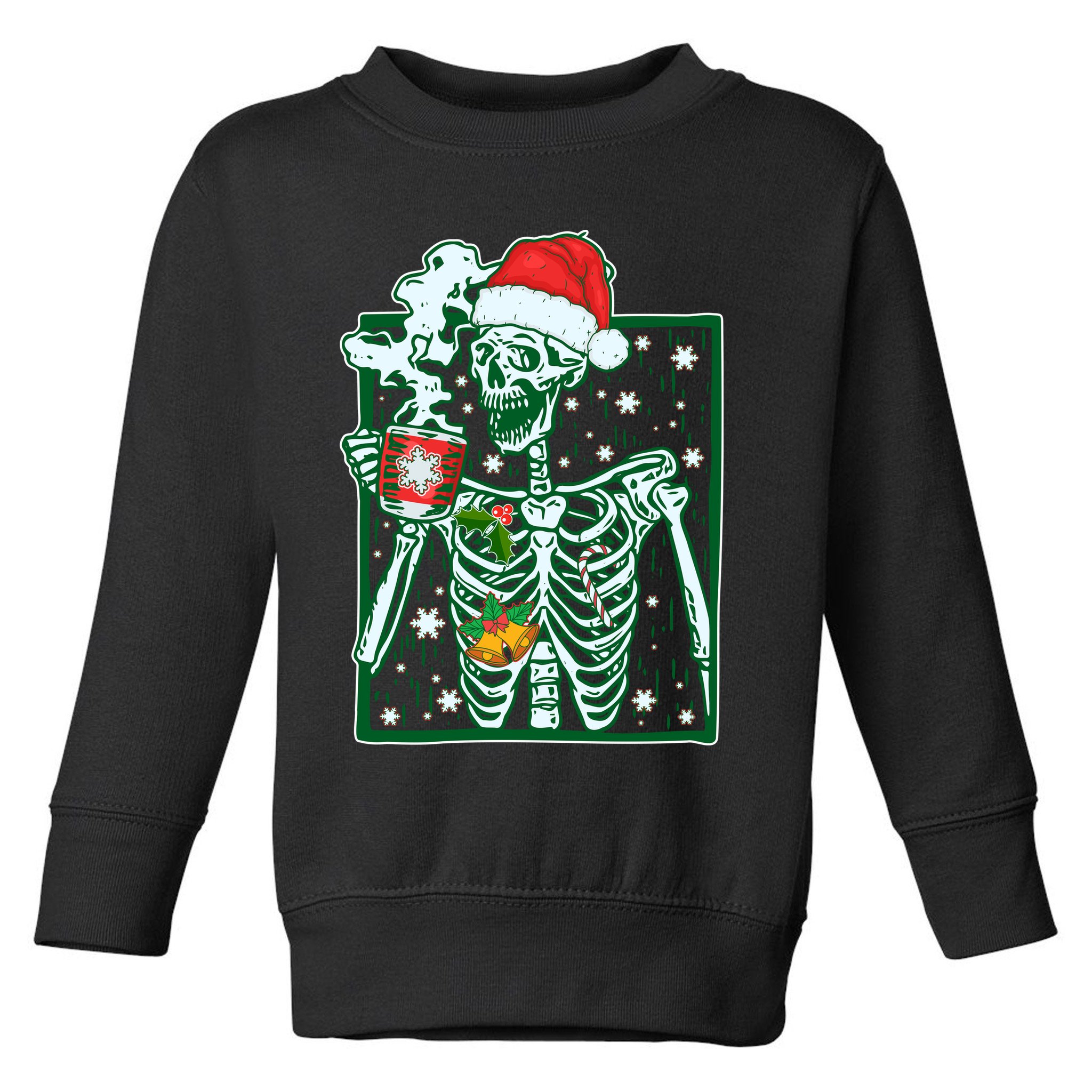 Funny Christmas Skeleton Enjoying Hot Chocolate Coffee Toddler Sweatshirt