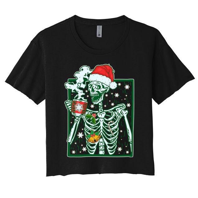 Funny Christmas Skeleton Enjoying Hot Chocolate Coffee Crop Top