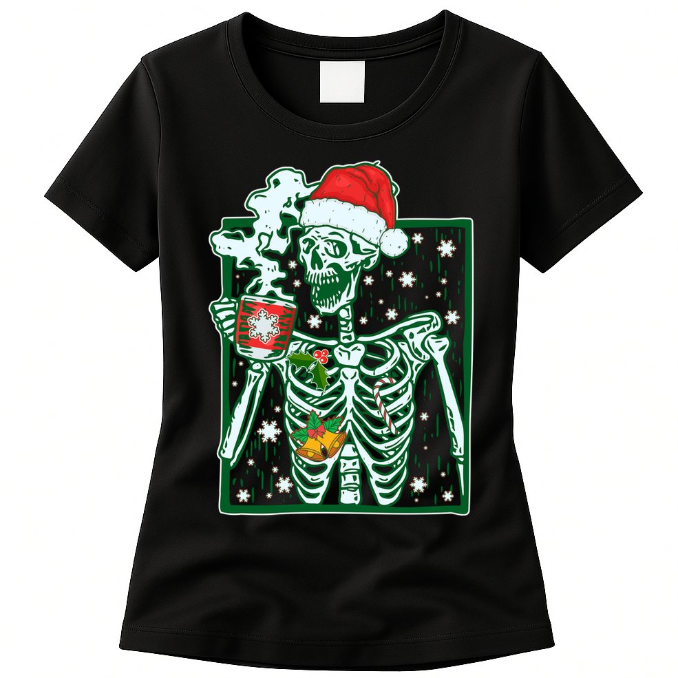 Funny Christmas Skeleton Enjoying Hot Chocolate Coffee Womens T-Shirt