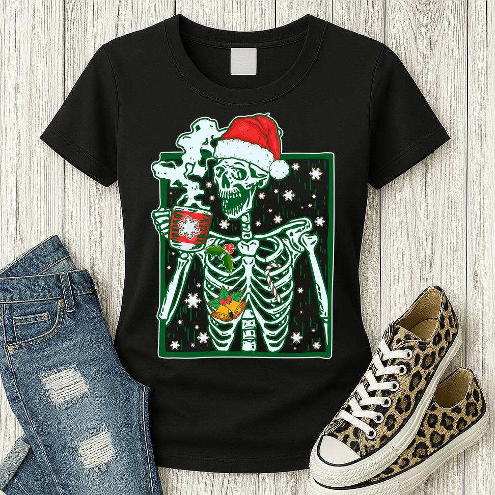 Funny Christmas Skeleton Enjoying Hot Chocolate Coffee Womens T-Shirt