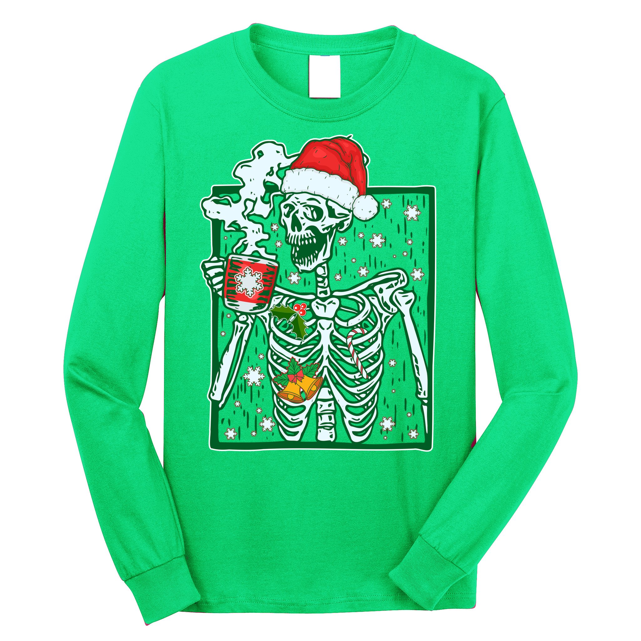 Funny Christmas Skeleton Enjoying Hot Chocolate Coffee Long Sleeve Shirt
