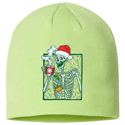 Funny Christmas Skeleton Enjoying Hot Chocolate Coffee Sustainable Beanie