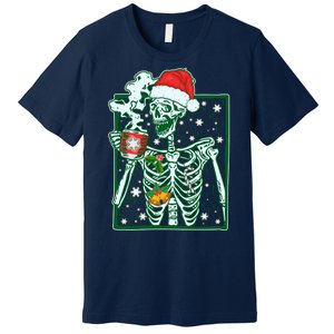 Funny Christmas Skeleton Enjoying Hot Chocolate Coffee Premium T-Shirt