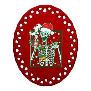 Funny Christmas Skeleton Enjoying Hot Chocolate Coffee Ceramic Oval Ornament