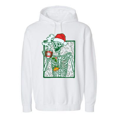 Funny Christmas Skeleton Enjoying Hot Chocolate Coffee Garment-Dyed Fleece Hoodie