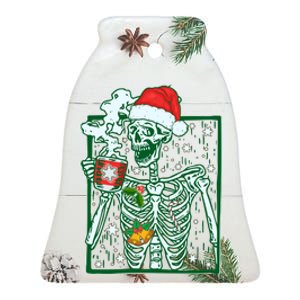 Funny Christmas Skeleton Enjoying Hot Chocolate Coffee Ceramic Bell Ornament