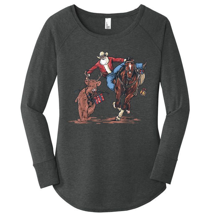 Funny Cowboy Santa Bulldogging Christmas Western Cowboy Xmas Women's Perfect Tri Tunic Long Sleeve Shirt