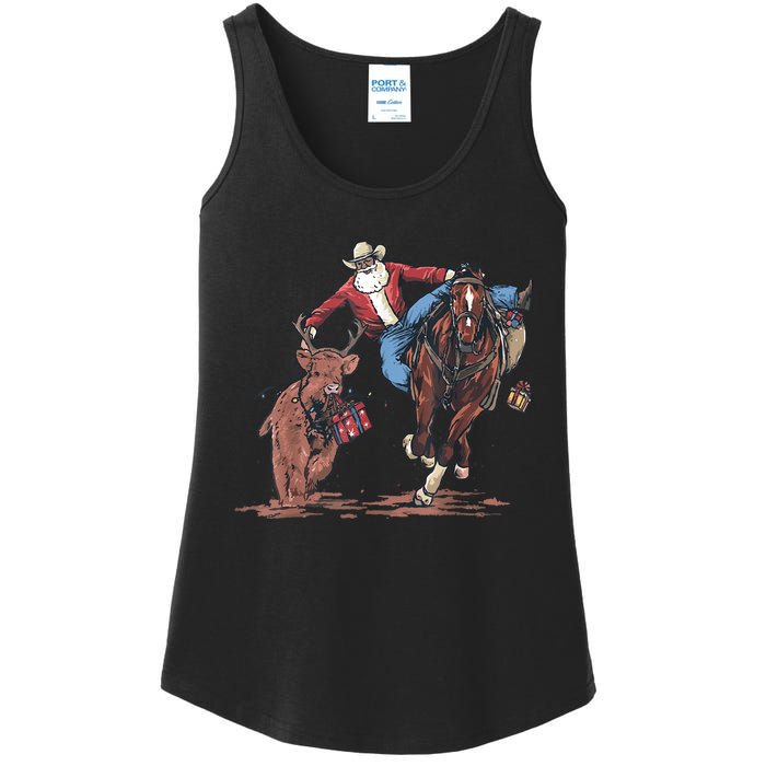 Funny Cowboy Santa Bulldogging Christmas Western Cowboy Xmas Ladies Essential Tank