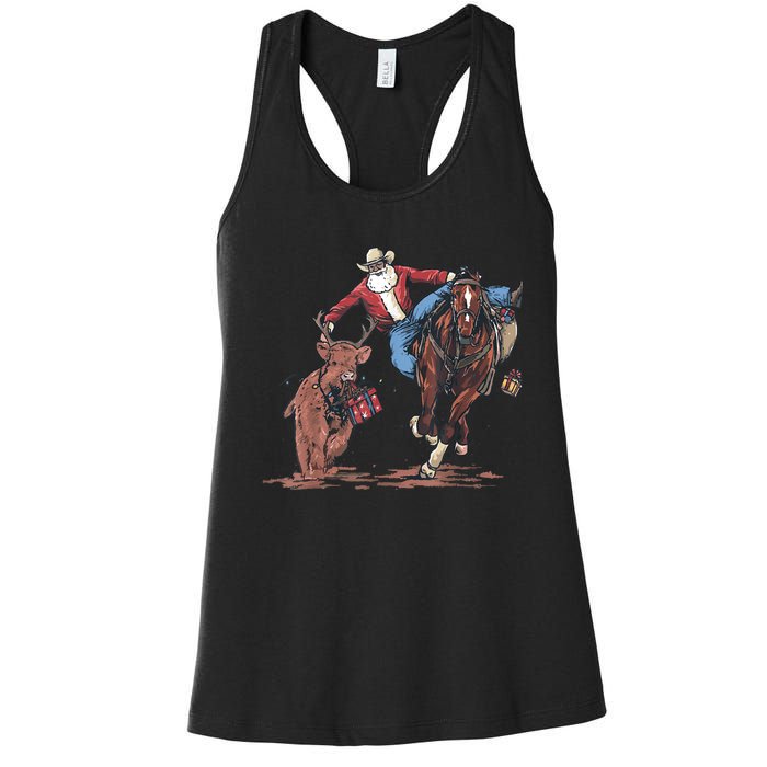 Funny Cowboy Santa Bulldogging Christmas Western Cowboy Xmas Women's Racerback Tank