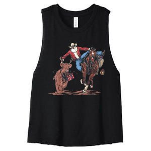 Funny Cowboy Santa Bulldogging Christmas Western Cowboy Xmas Women's Racerback Cropped Tank