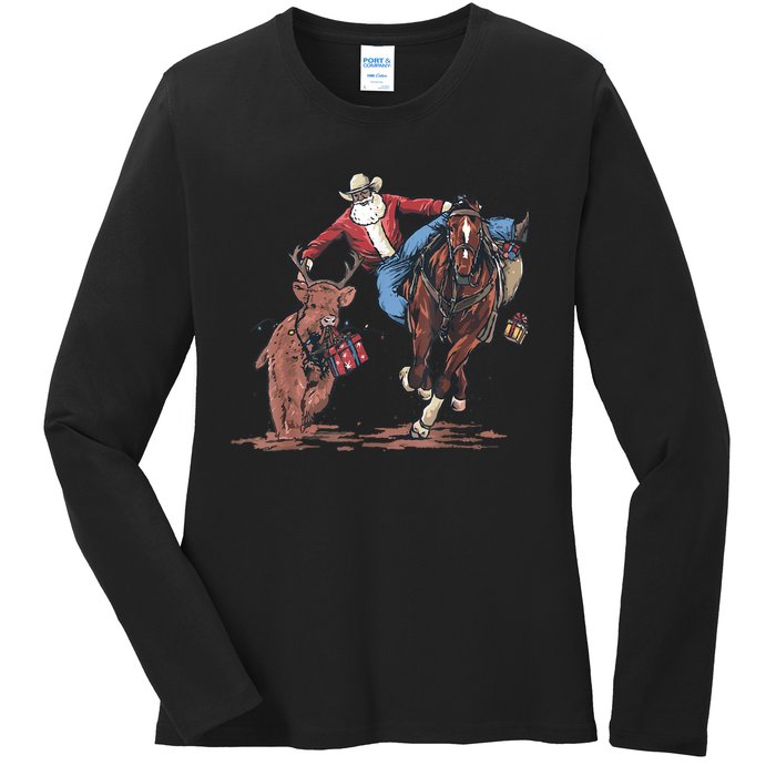 Funny Cowboy Santa Bulldogging Christmas Western Cowboy Xmas Ladies Long Sleeve Shirt