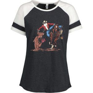 Funny Cowboy Santa Bulldogging Christmas Western Cowboy Xmas Enza Ladies Jersey Colorblock Tee