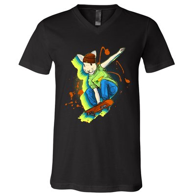 Funny Cool Skateboarding Easter Rabbit Bunny V-Neck T-Shirt