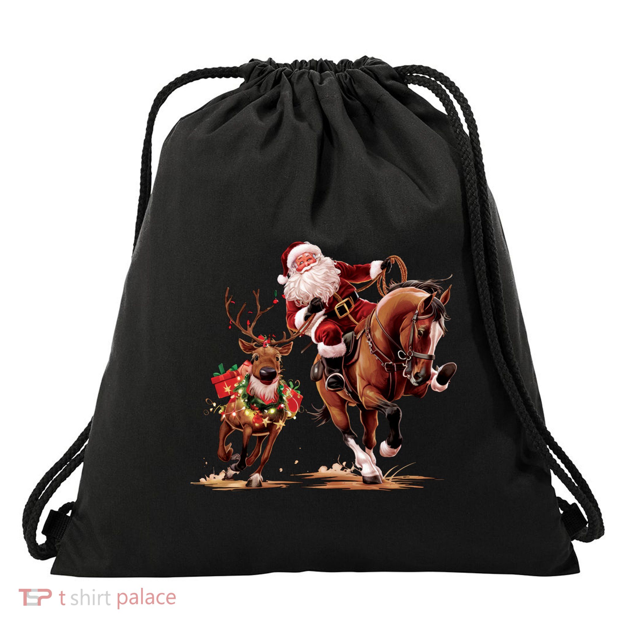 Funny Cow Santa Bulldogging Christmas Cow Western Xmas Gift Drawstring Bag