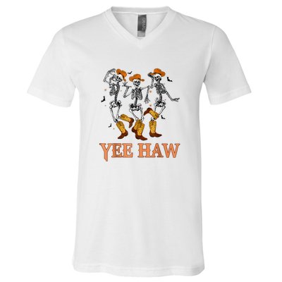 Funny Cowboy Skeleton Dancing Yeehaw Western Halloween V-Neck T-Shirt