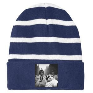 Funny Cat Selfie With Sasquatch Bigfoot Novelty Silly Weird Striped Beanie with Solid Band