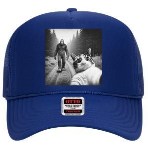 Funny Cat Selfie With Sasquatch Bigfoot Novelty Silly Weird High Crown Mesh Back Trucker Hat