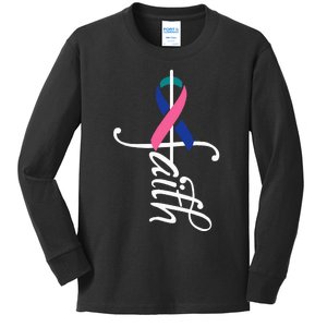 Faith Cancer Support Ribbon Thyroid Cancer Awareness Kids Long Sleeve Shirt