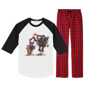 Funny Cow Santa Bulldogging Christmas Western Cow Xmas Gift Raglan Sleeve Pajama Set