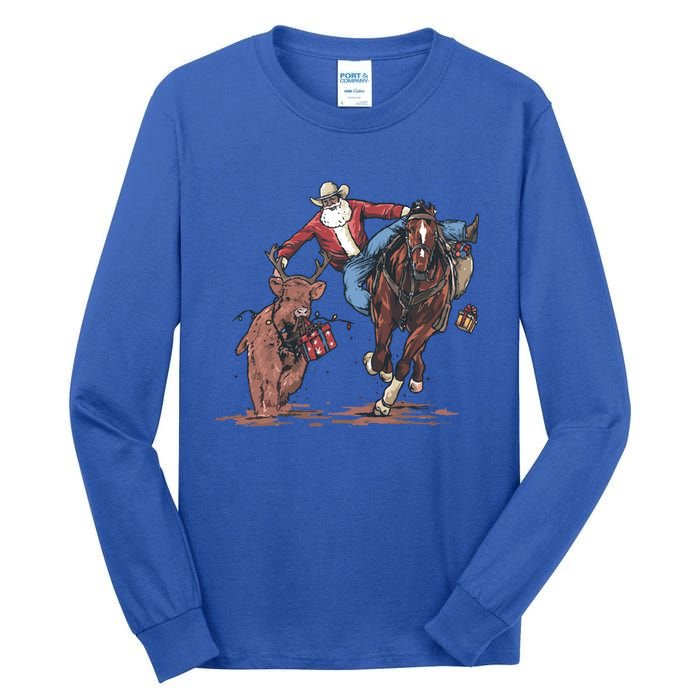 Funny Cow Santa Bulldogging Christmas Western Cow Xmas Gift Tall Long Sleeve T-Shirt