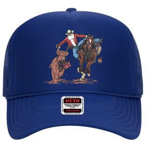 Funny Cow Santa Bulldogging Christmas Western Cow Xmas Gift High Crown Mesh Back Trucker Hat