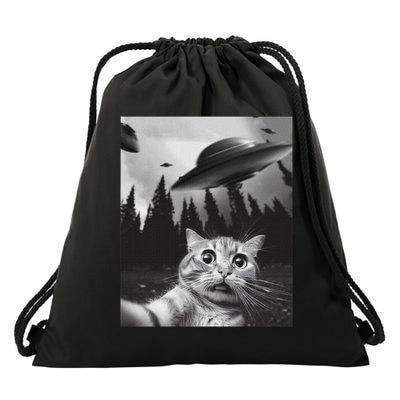 Funny Cat Selfie With Ufos Drawstring Bag