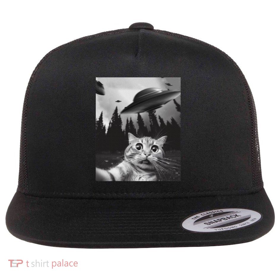 Funny Cat Selfie With Ufos Flat Bill Trucker Hat