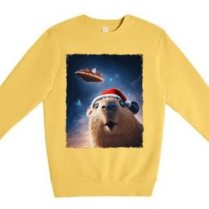 Funny Capybara Selfie Santa Ufo Xmas Christmas Premium Crewneck Sweatshirt