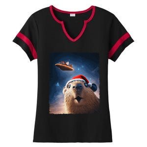 Funny Capybara Selfie Santa Ufo Xmas Christmas Ladies Halftime Notch Neck Tee