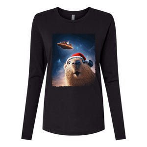 Funny Capybara Selfie Santa Ufo Xmas Christmas Womens Cotton Relaxed Long Sleeve T-Shirt