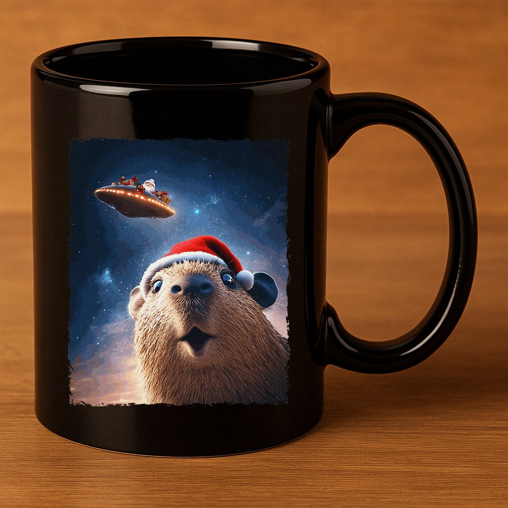 Funny Capybara Selfie Santa Ufo Xmas Christmas 11oz C Handle Ceramic Mug