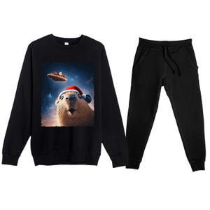 Funny Capybara Selfie Santa Ufo Xmas Christmas Premium Crewneck Sweatsuit Set