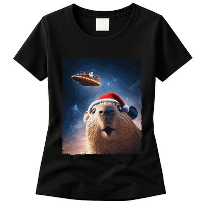 Funny Capybara Selfie Santa Ufo Xmas Christmas Womens T-Shirt