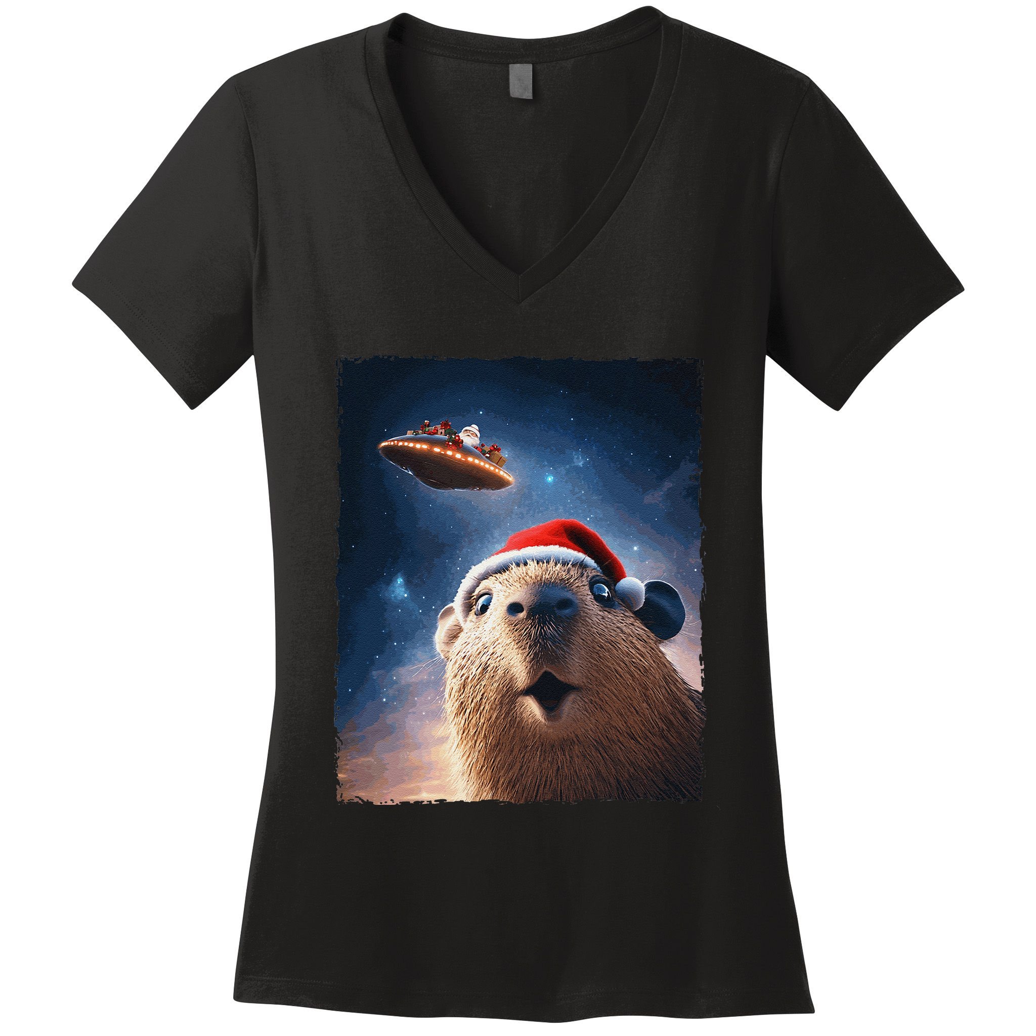 Funny Capybara Selfie Santa Ufo Xmas Christmas Women's V-Neck T-Shirt