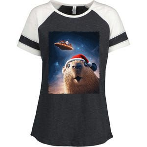 Funny Capybara Selfie Santa Ufo Xmas Christmas Enza Ladies Jersey Colorblock Tee