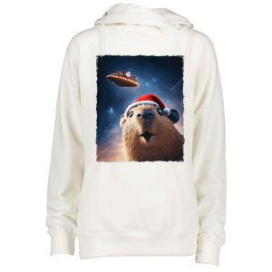 Funny Capybara Selfie Santa Ufo Xmas Christmas Womens Funnel Neck Pullover Hood