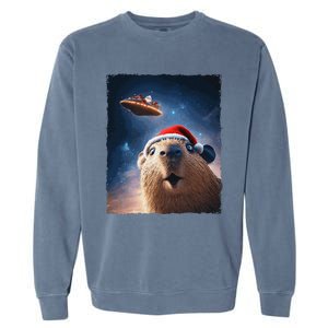 Funny Capybara Selfie Santa Ufo Xmas Christmas Garment-Dyed Sweatshirt