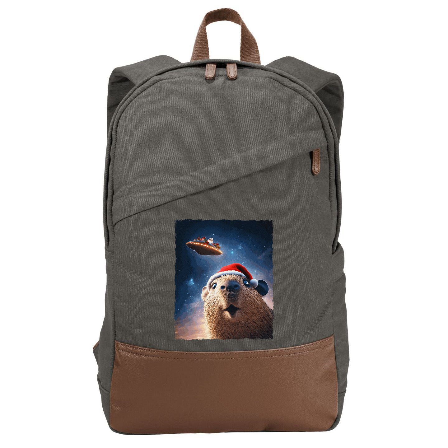 Funny Capybara Selfie Santa Ufo Xmas Christmas Cotton Canvas Backpack
