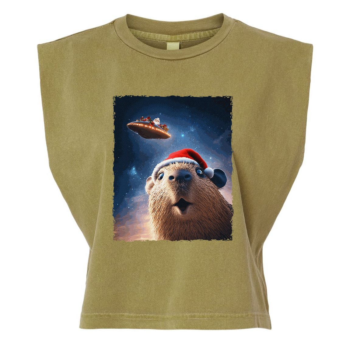 Funny Capybara Selfie Santa Ufo Xmas Christmas Garment-Dyed Women's Muscle Tee