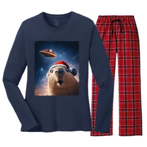 Funny Capybara Selfie Santa Ufo Xmas Christmas Women's Long Sleeve Flannel Pajama Set 