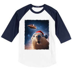 Funny Capybara Selfie Santa Ufo Xmas Christmas Baseball Sleeve Shirt