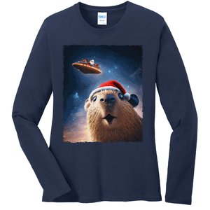 Funny Capybara Selfie Santa Ufo Xmas Christmas Ladies Long Sleeve Shirt