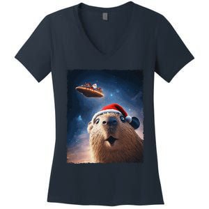 Funny Capybara Selfie Santa Ufo Xmas Christmas Women's V-Neck T-Shirt