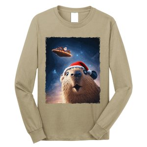 Funny Capybara Selfie Santa Ufo Xmas Christmas Long Sleeve Shirt