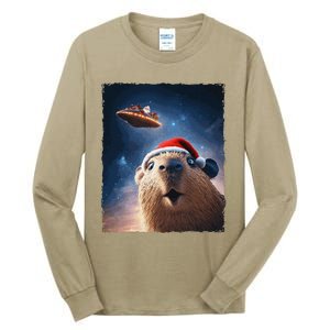 Funny Capybara Selfie Santa Ufo Xmas Christmas Tall Long Sleeve T-Shirt