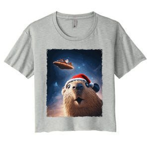 Funny Capybara Selfie Santa Ufo Xmas Christmas Women's Crop Top Tee