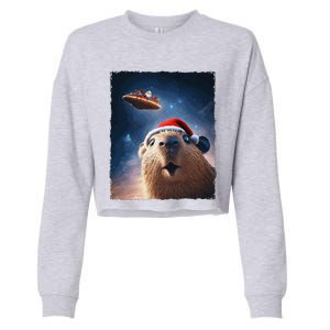 Funny Capybara Selfie Santa Ufo Xmas Christmas Cropped Pullover Crew