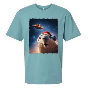 Funny Capybara Selfie Santa Ufo Xmas Christmas Sueded Cloud Jersey T-Shirt