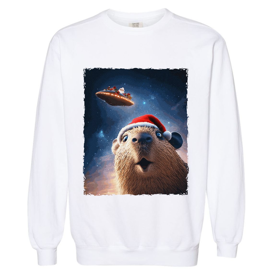 Funny Capybara Selfie Santa Ufo Xmas Christmas Garment-Dyed Sweatshirt